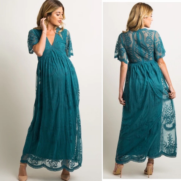 PinkBlush Teal Lace Mesh Overlay Maternity Maxi Dress - Picture 3 of 4